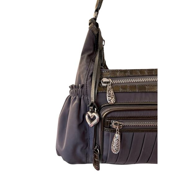 Vintage 00s Brighton Dark Gray Nylon & Crocodile Leather Trimmed Shoulder Bag - Picture 5 of 13